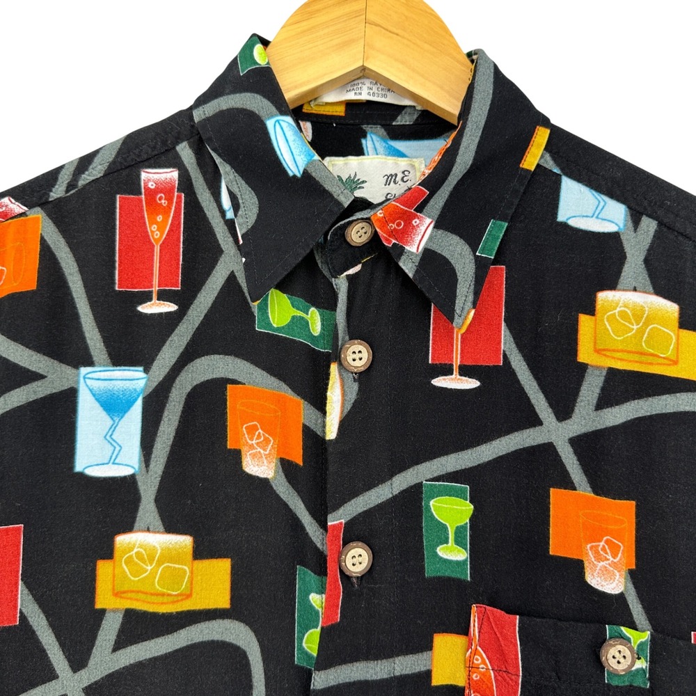 VTG M.E. Sport Black Cocktail Glass Print Short Sleeve Button Down Shirt Mens S